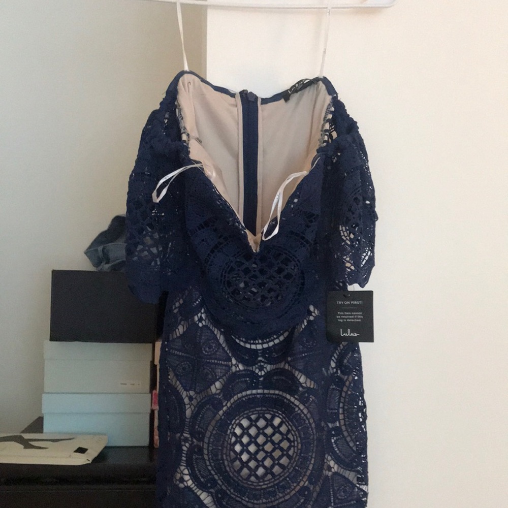 NWT Lulu’s Cocktail Dress Navy Blue Off Shoulder
